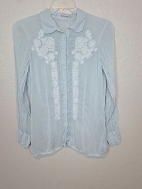 Johnny Was Pale Blue Embroidered Snap Down Blouse